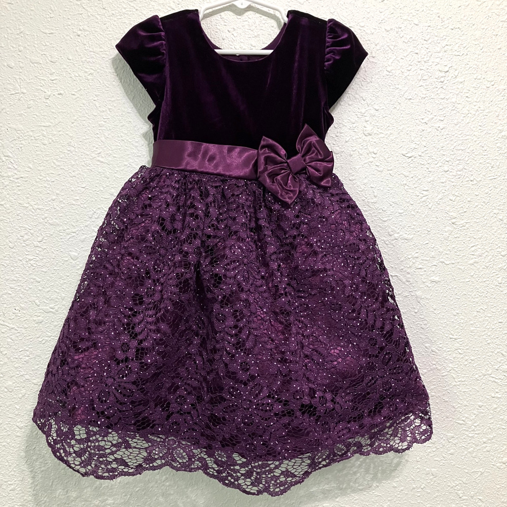 Jona Michelle Girls 3T Plum Purple Velvet Lace Party Holiday Dress Bow Sparkly